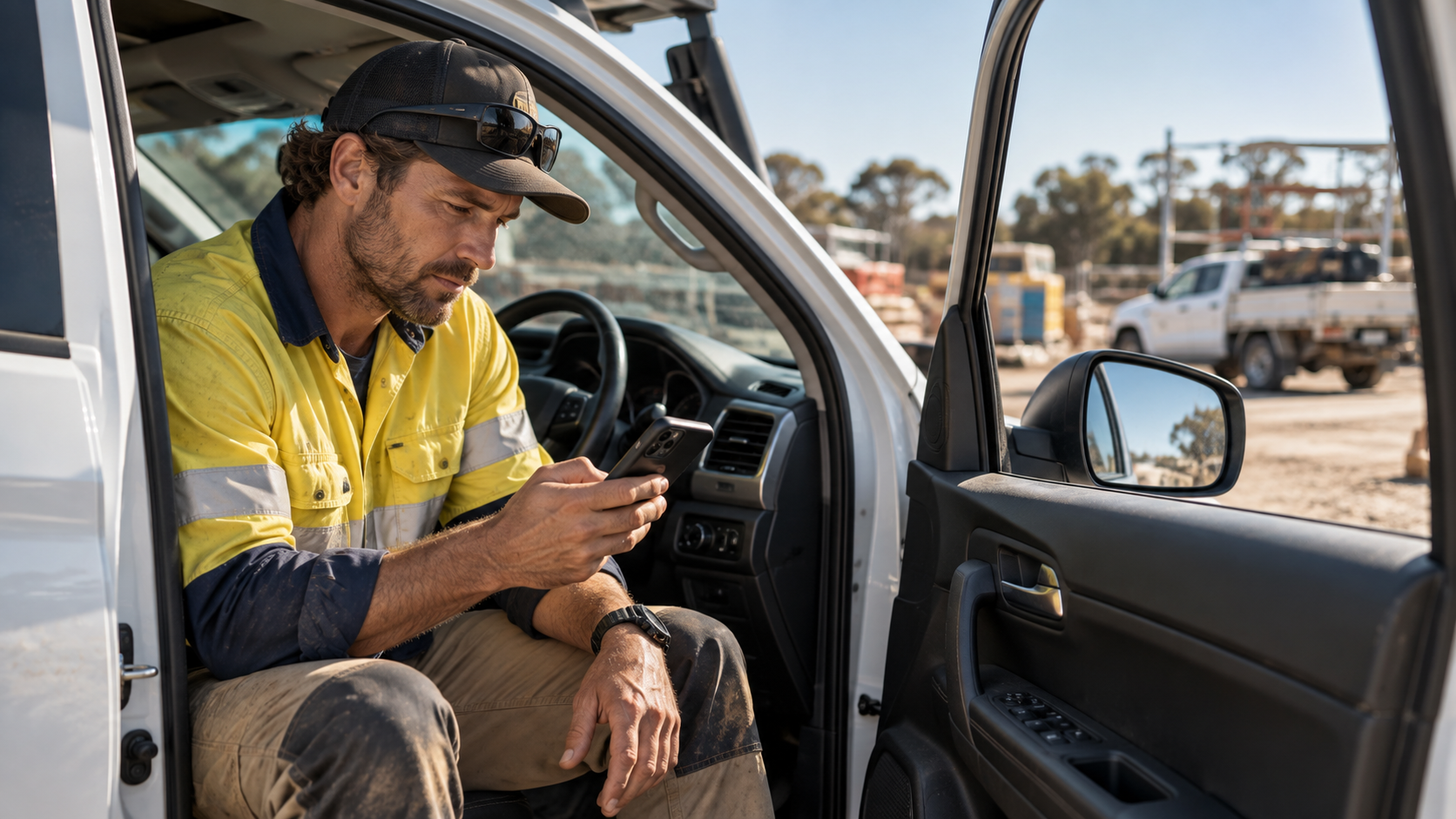Tradesman in hi-vis reading a M.A.T.E. AI vehicle recommendation on his phone from the driver seat of a work ute