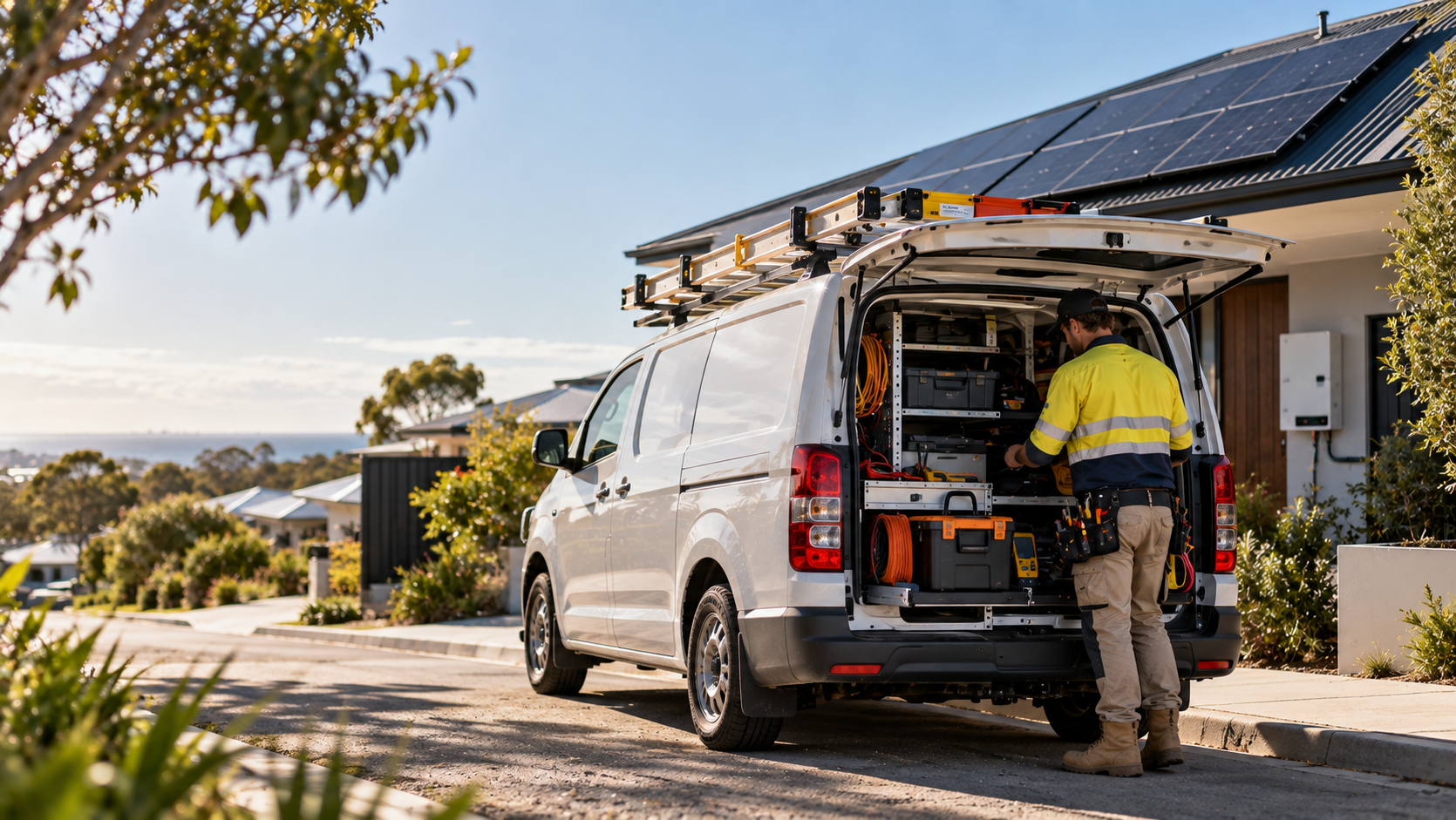 Electrician loading tools from a white service van outside a solar-powered home, a trade fleet vehicle managed with M.A.T.E. Track