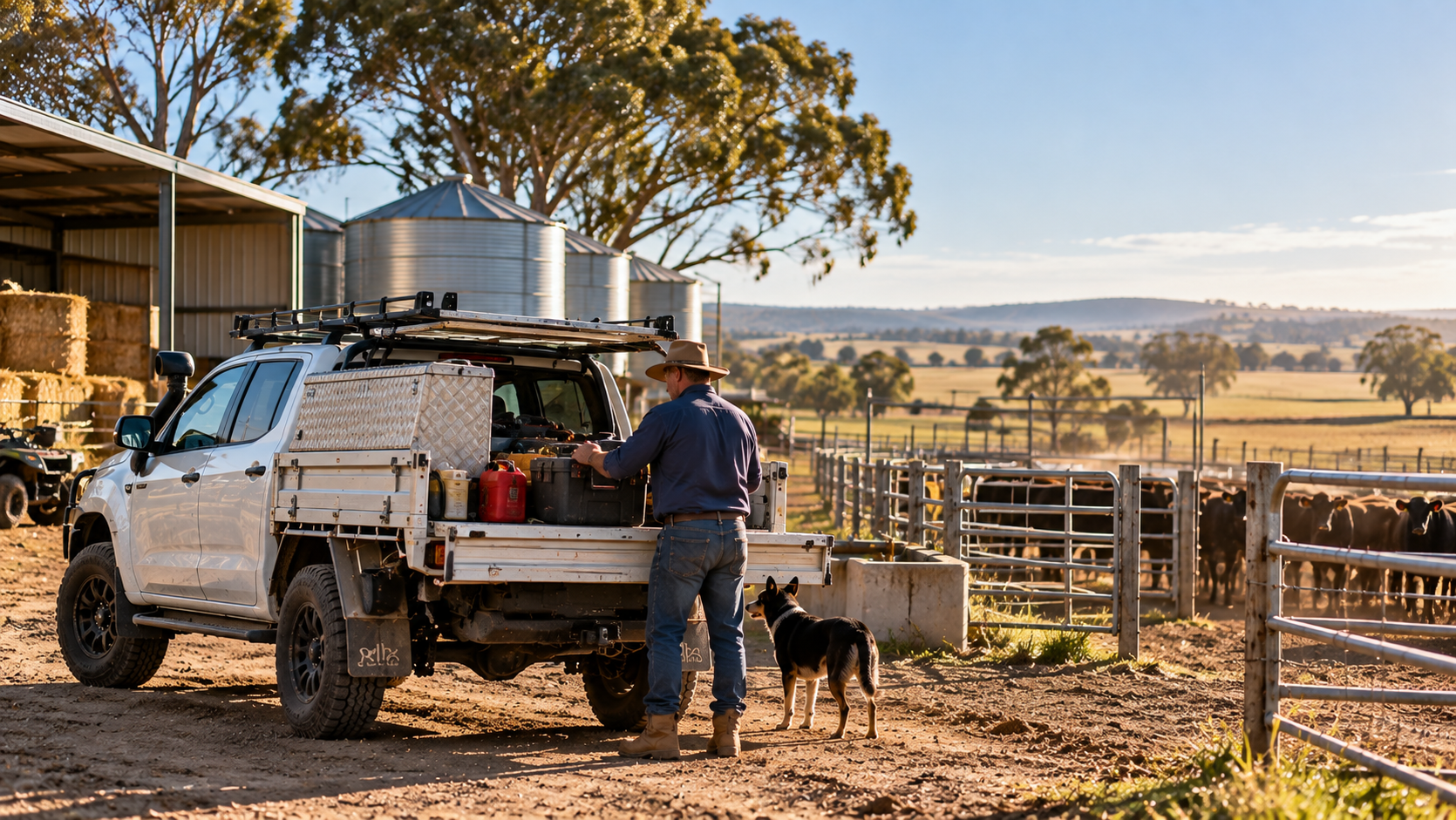 Farmer and working dog at a tray-back farm ute beside cattle yards and grain silos, agricultural fleet tracking with M.A.T.E. Track