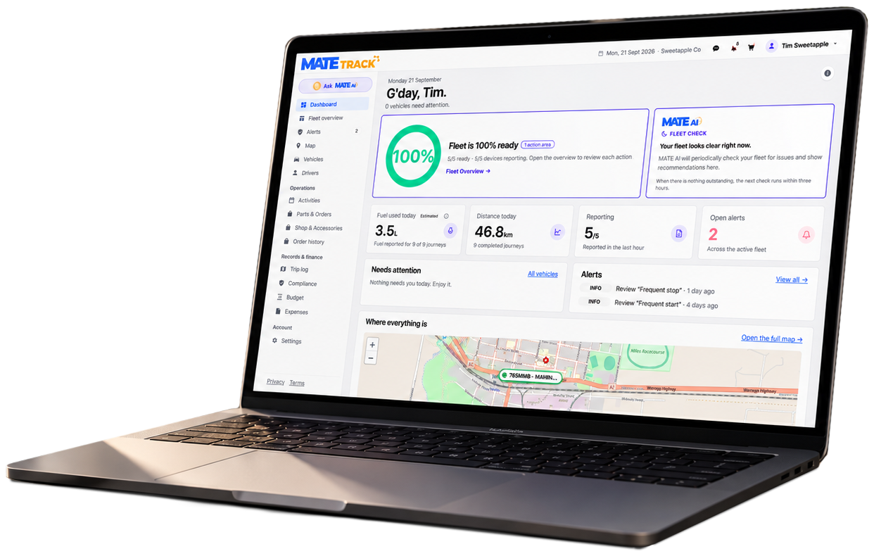 M.A.T.E. Track fleet management dashboard on a laptop, fleet dashboard showing readiness, alerts and the live vehicle map