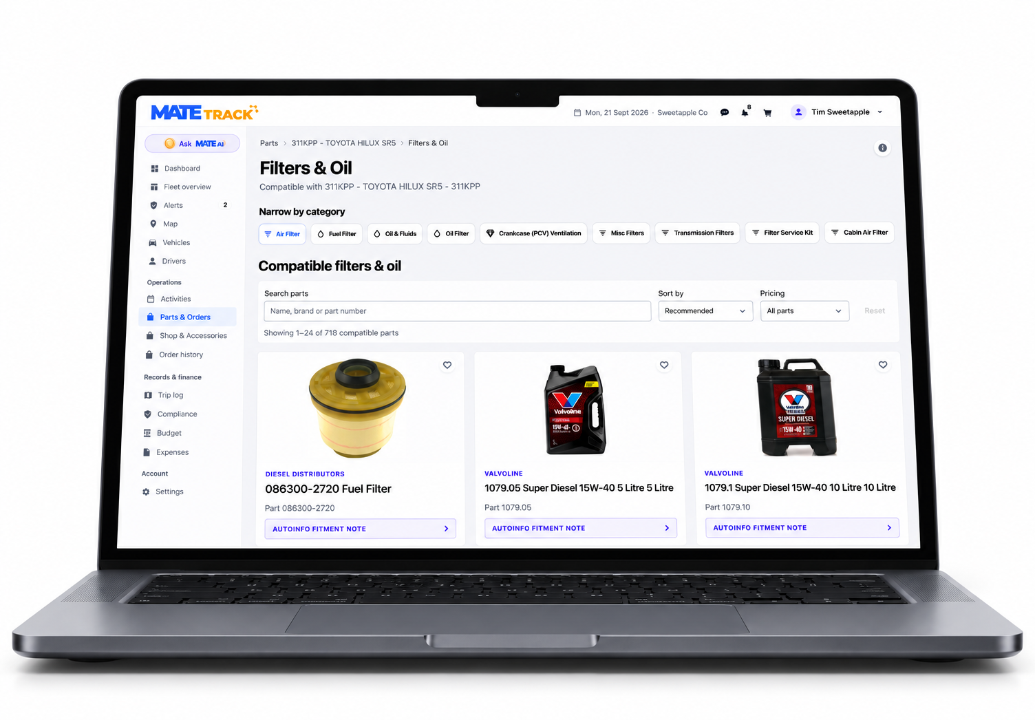 M.A.T.E. Track parts ordering screen showing fuel filters and diesel engine oil confirmed compatible with a Toyota Hilux SR5