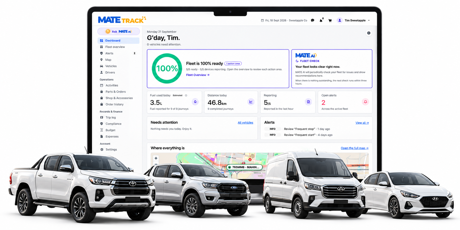 M.A.T.E. Track fleet management dashboard on a laptop showing fleet readiness, alerts and live vehicle map, with a ute, van and passenger cars