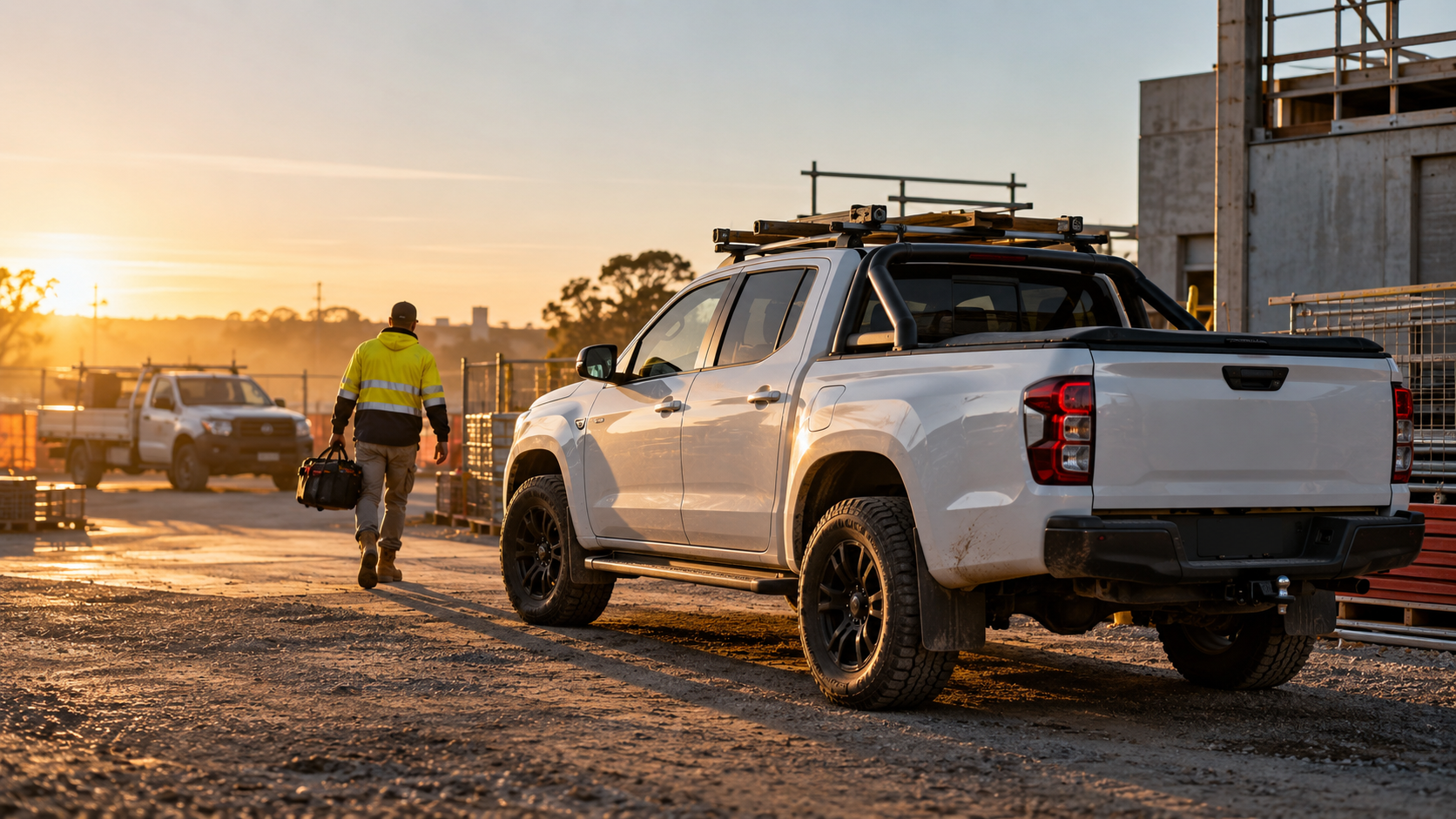 White work ute at an Australian construction site at sunrise, tracked by M.A.T.E. Track fleet management