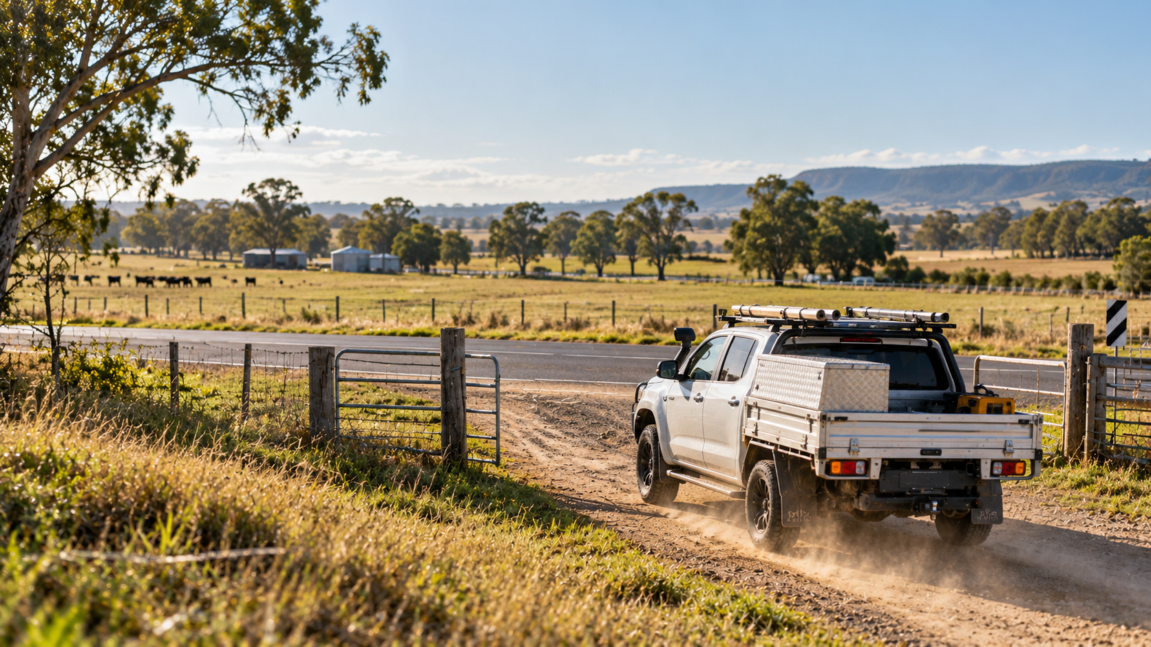 Farm ute leaving a paddock gate onto a public road, the on-farm and on-road trip split M.A.T.E. Track records for fuel tax credits